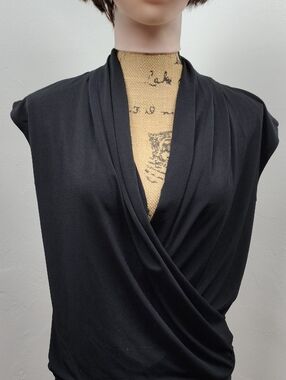 New York & Company Women's Blouse Black Stretch Top Surplice Neckline Medium